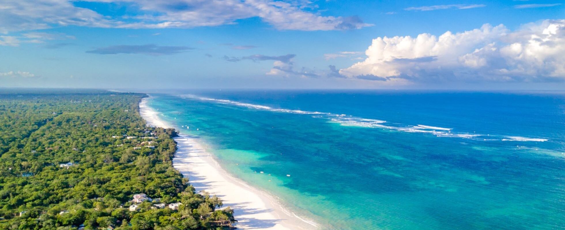 White sandy Diani Beach with trees on one side and the blue sea on the other