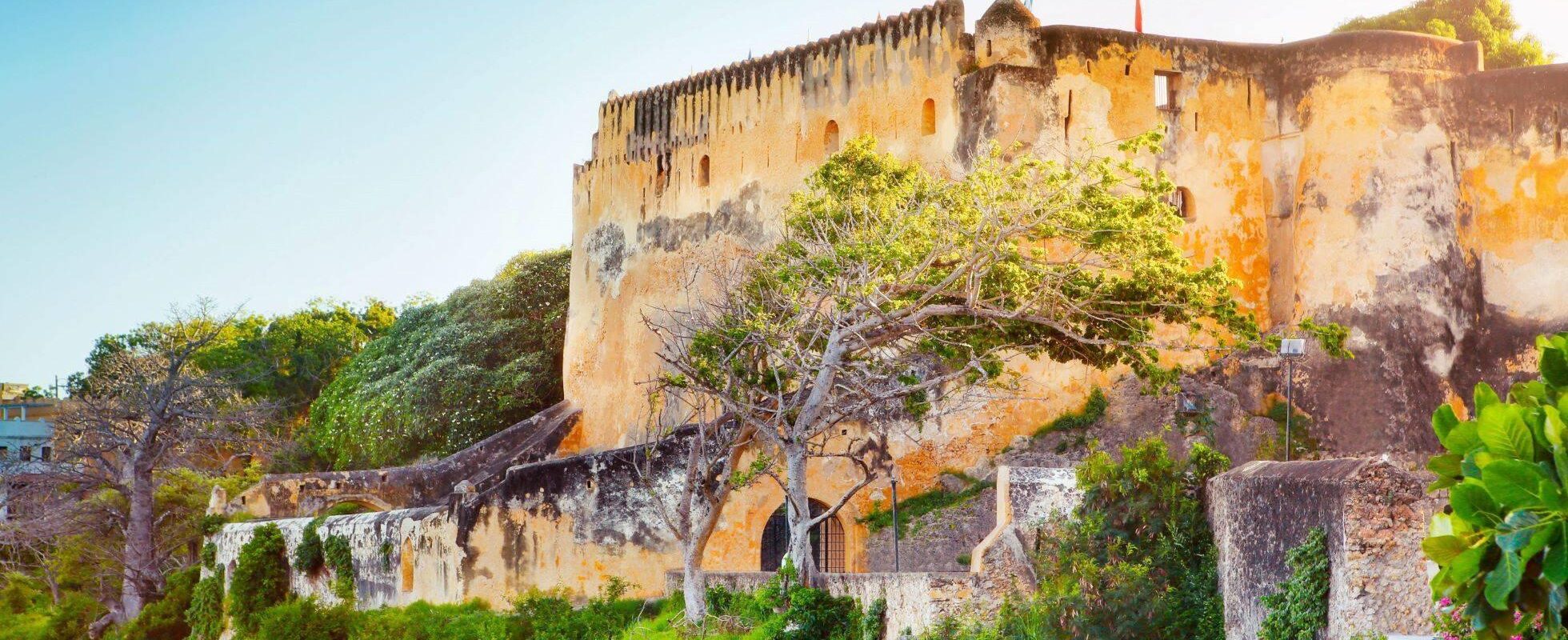 Fort Jesus in Mombasa old town with green trees