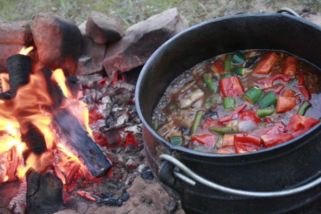 Pot with vegetables next to an open fire