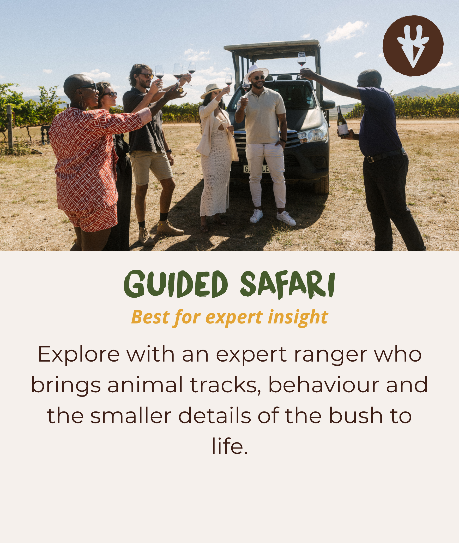 Guided safari with an expert ranger who helps travellers spot wildlife and animal tracks.