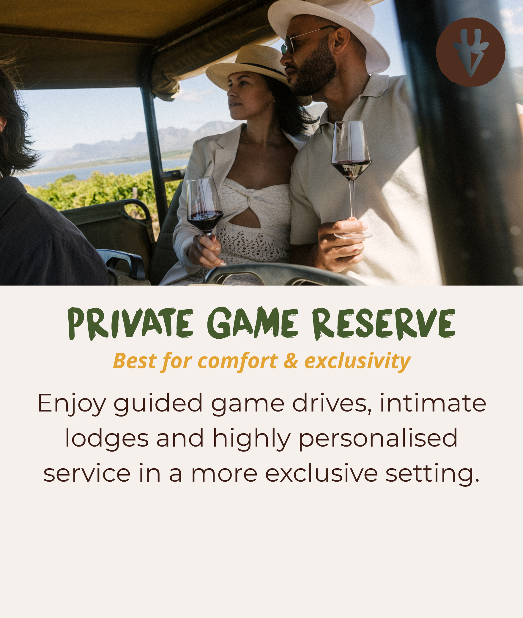 Private game reserve safari with guided game drives, intimate lodges and personalised service.