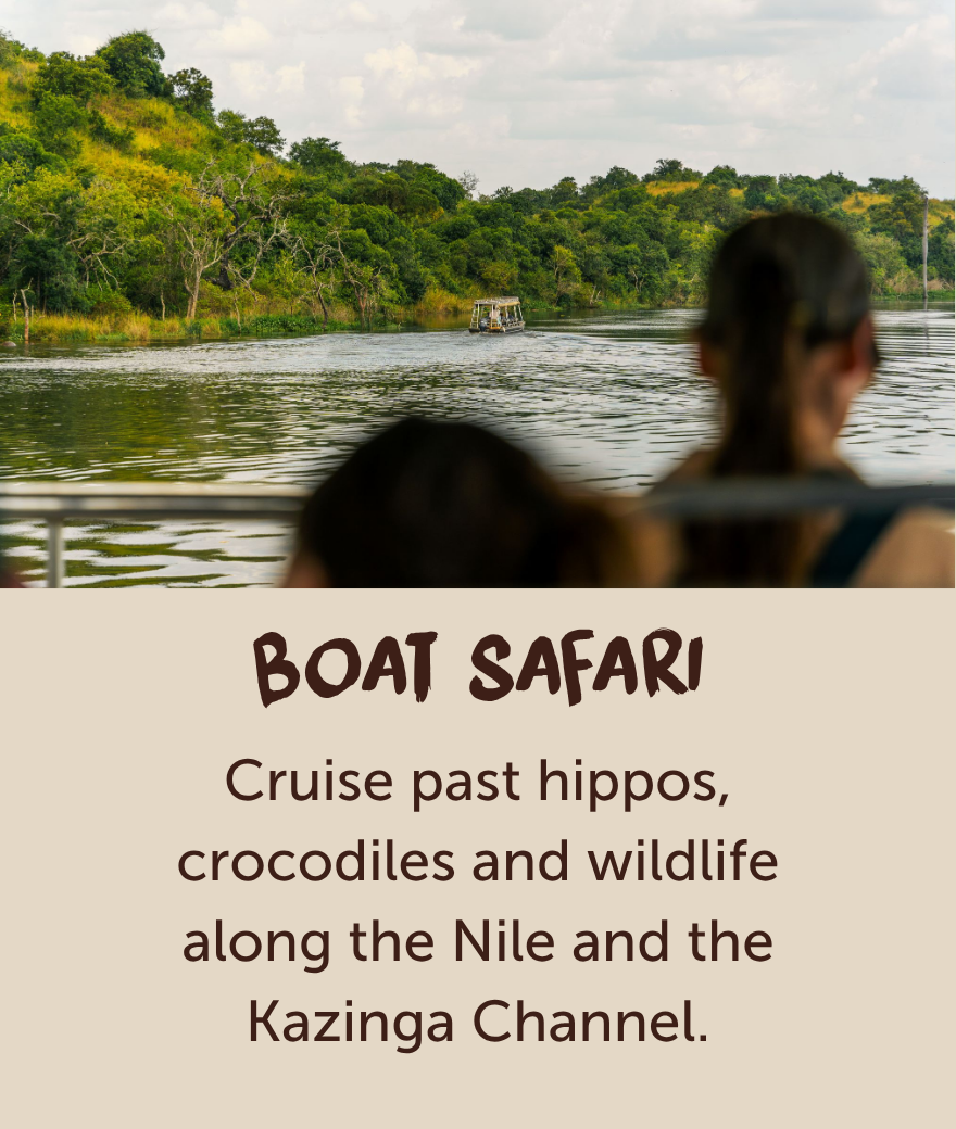 Travellers enjoying a boat safari on a wildlife-filled waterway in Uganda.