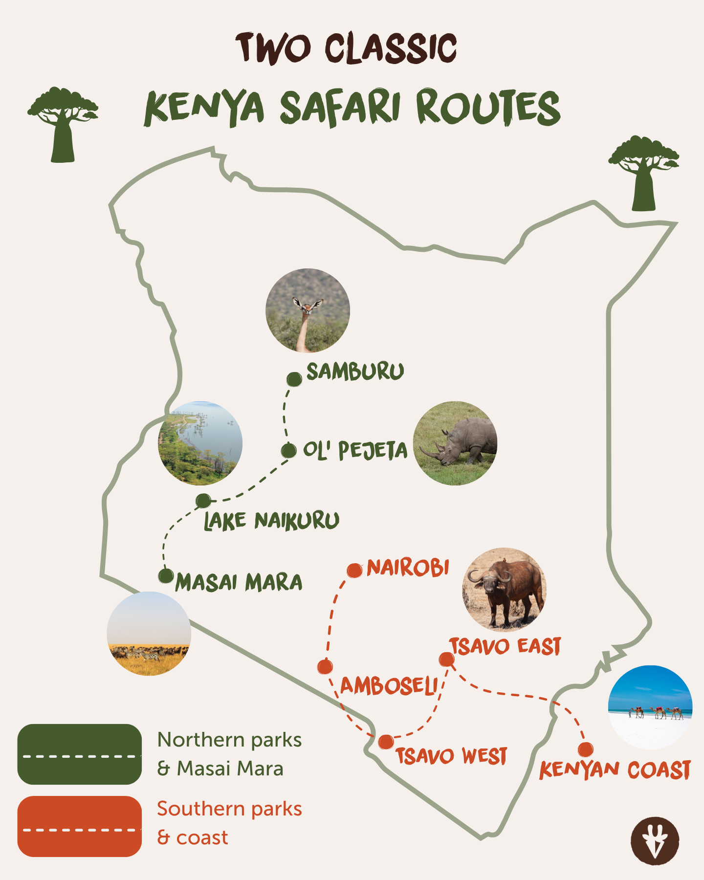 Map showing two classic Kenya safari routes through the northern parks and Masai Mara, and the southern parks and Kenyan coast.