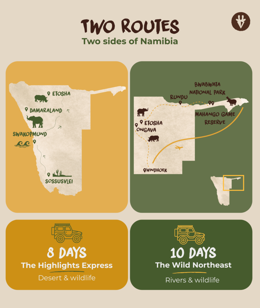 Two illustrated Namibia travel routes: an 8-day trip via Etosha, Damaraland, Swakopmund and Sossusvlei, and a 10-day trip through northeastern Namibia.